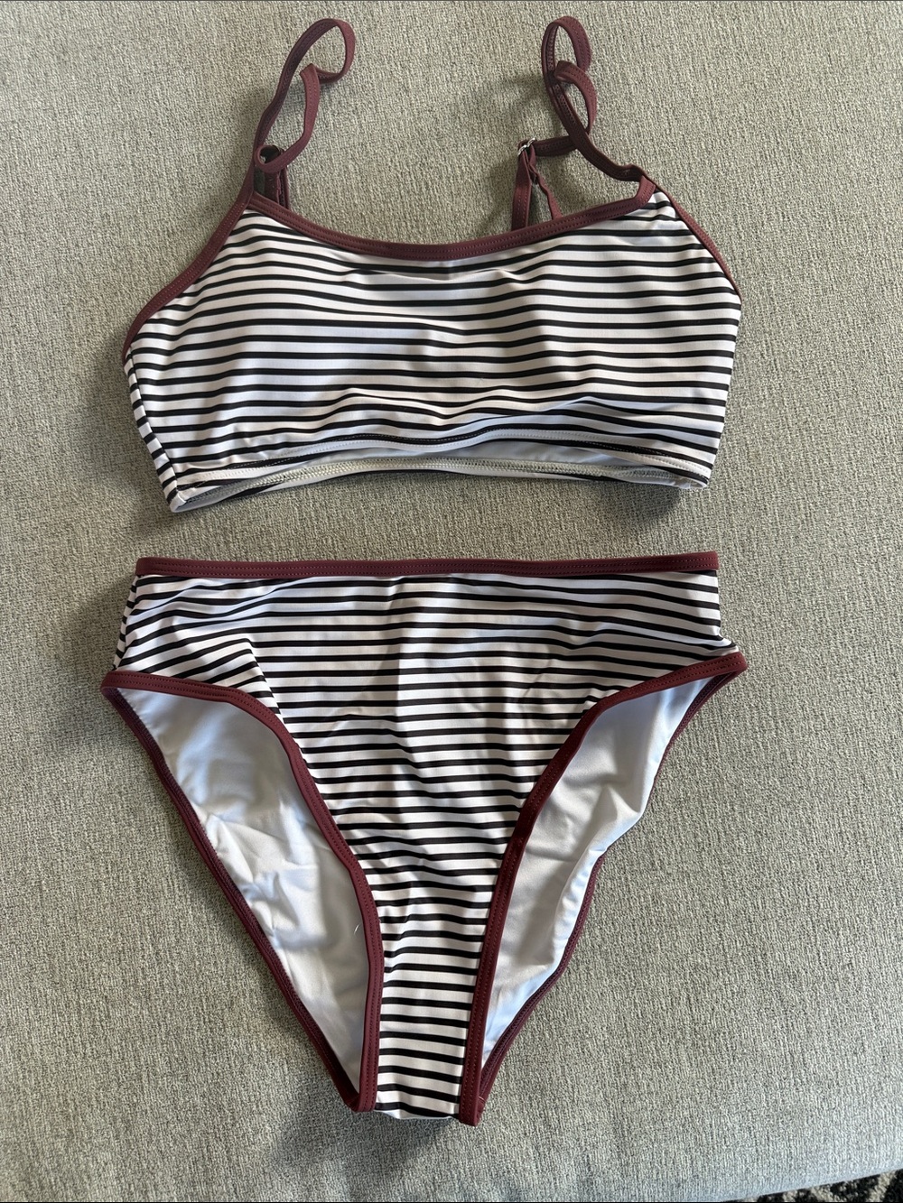 Amazon Kids' Black and White Striped Bikini with Burgundy Trim
